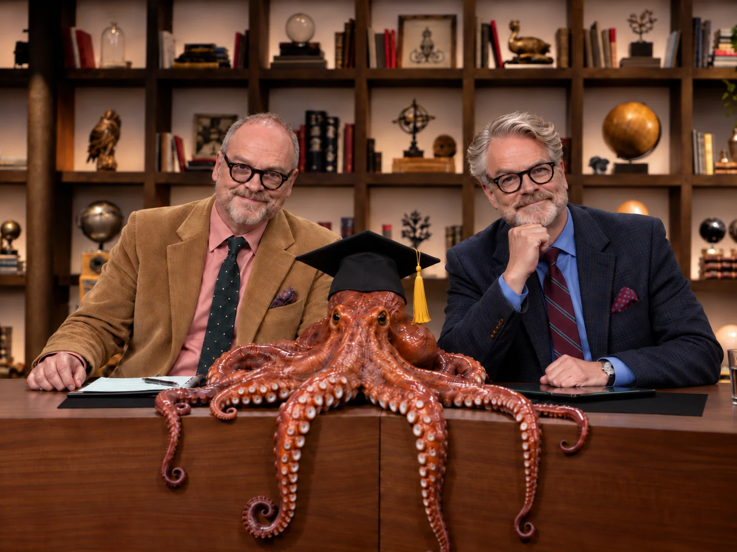 Två programledare och en bläckfisk i doktorshatt